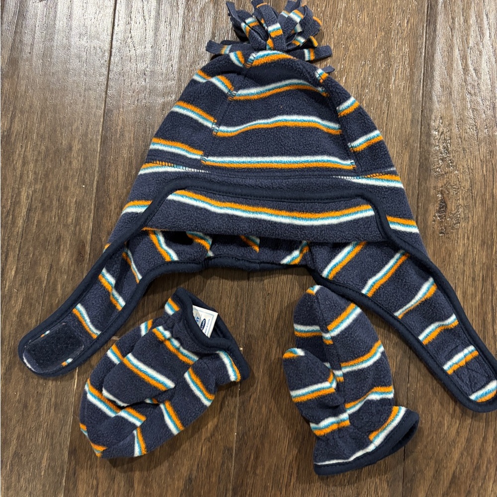 Old Navy Striped Kids Hat and Mittens Set - Navy and Orange